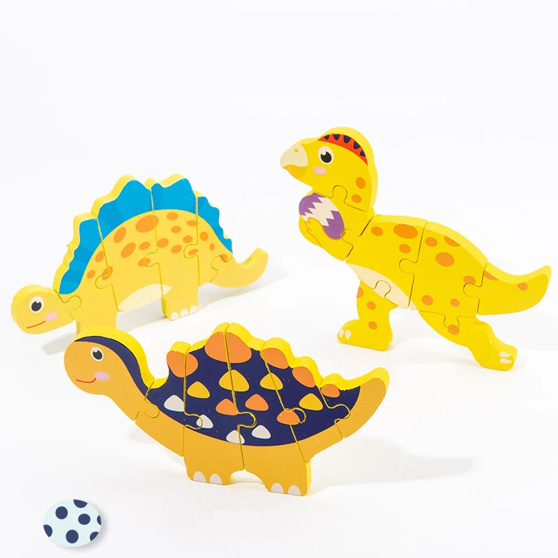 Baby Wooden Cartoon Dinosaur 3D Puzzle Jigsaw For Kids Boy Girl Montessori Early Learning Educatioanl Puzzle Toys